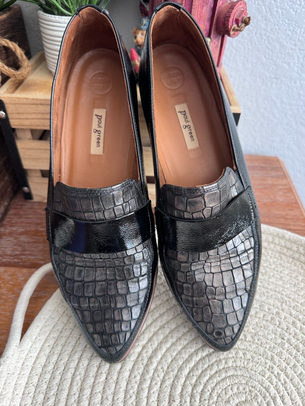 Paul green leather snakeskin loafers black